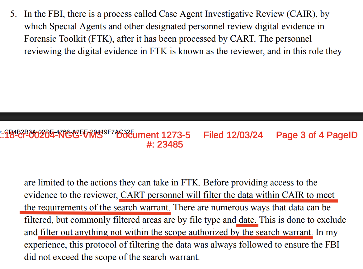 Eldridge declaration ¶5 — CAIR/CART filtering protocol; CART filters data by file type and date 'to exclude and filter out anything not within the scope authorized by the search warrant'