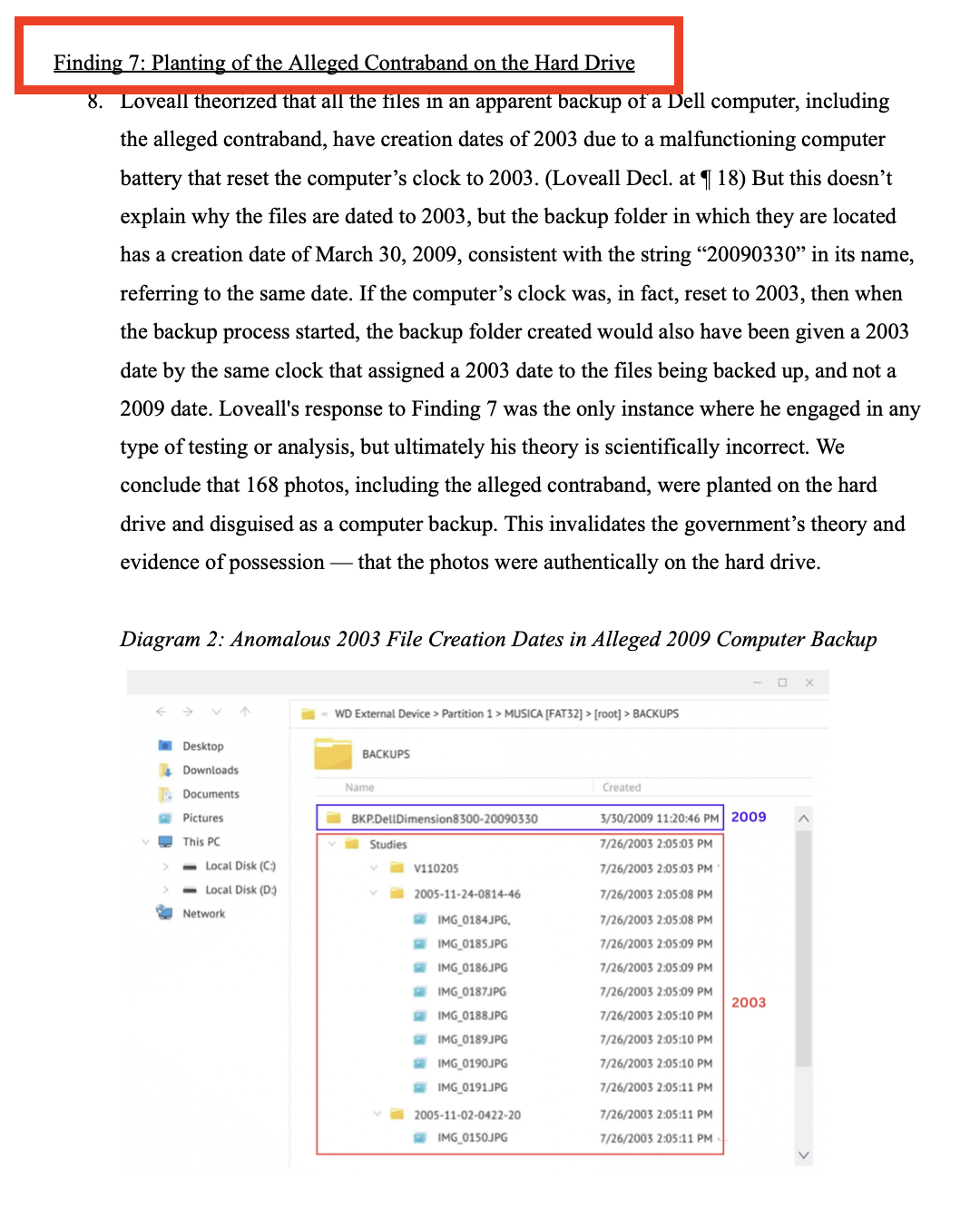 Joint Forensic Report excerpt — files planted, timestamps manipulated, 2005 timeframe fabricated