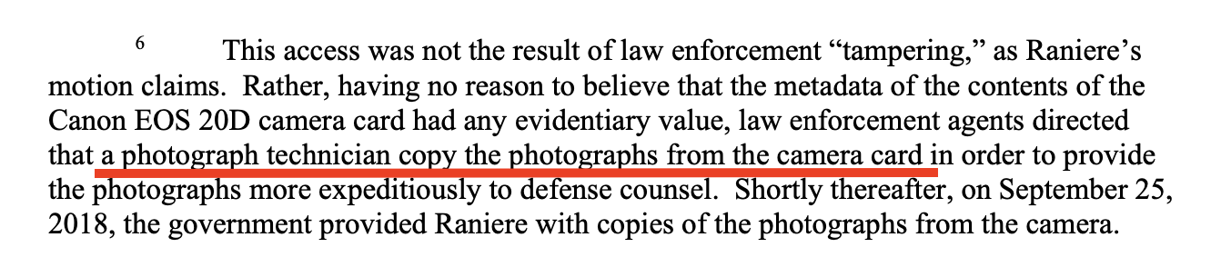 Doc. 1213 footnote 6 — photograph technician directed to copy photographs from the camera card for 'expeditious' discovery production