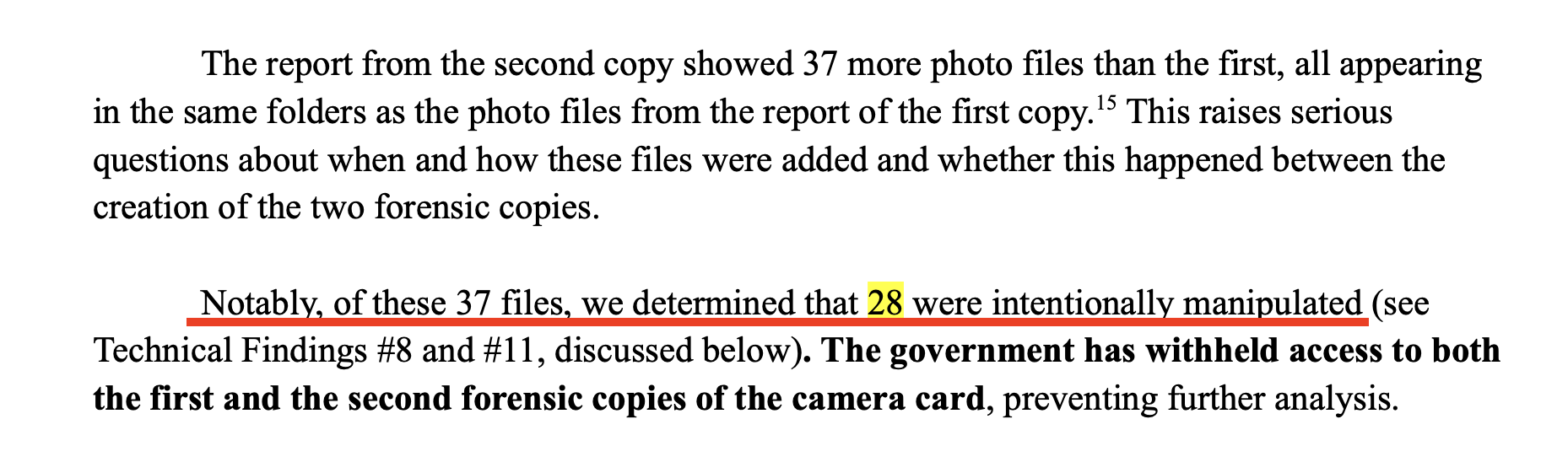 Joint Forensic Report — 28 of 37 files were intentionally manipulated; at least 20 were planted on the memory card