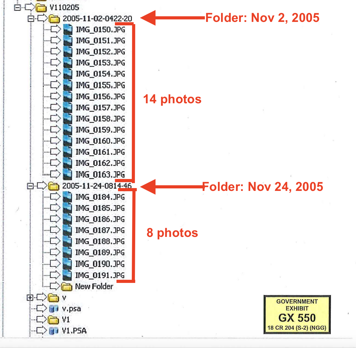Government Exhibit 550 — FBI file listing showing two folders on the hard drive: '2005-11-02' (14 photos) and '2005-11-24' (8 photos)