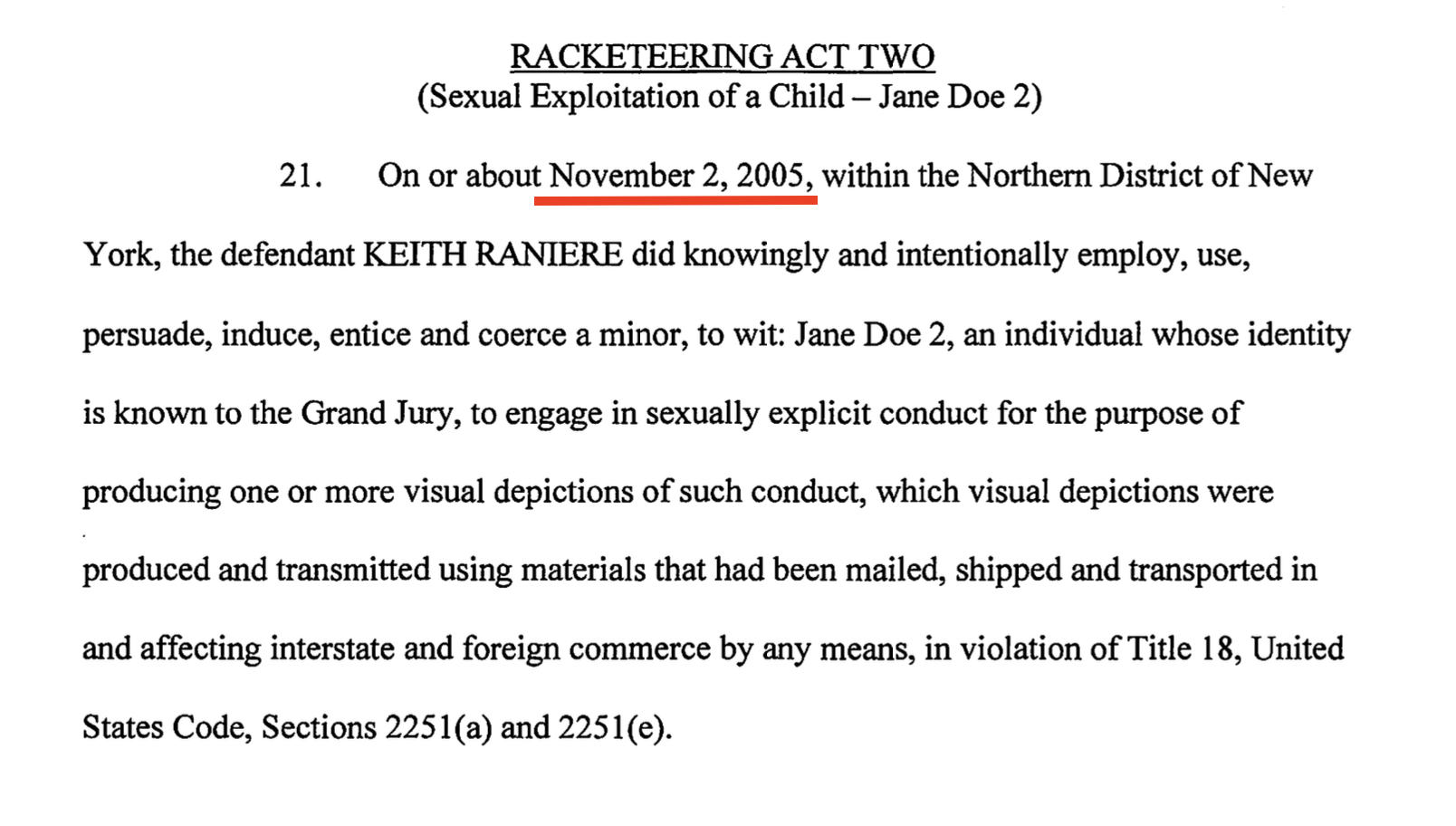 Indictment — first charged act of child exploitation, November 2, 2005