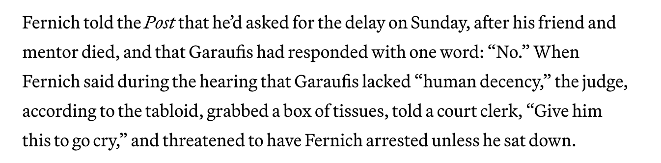 Vanity Fair excerpt — Garaufis tissue-box remark, threat to arrest Fernich