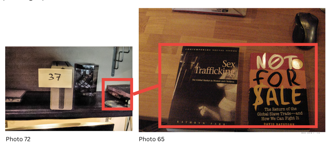 FBI search photo — Item 37 (photo 72) with the two sex trafficking books arranged on the bookshelf