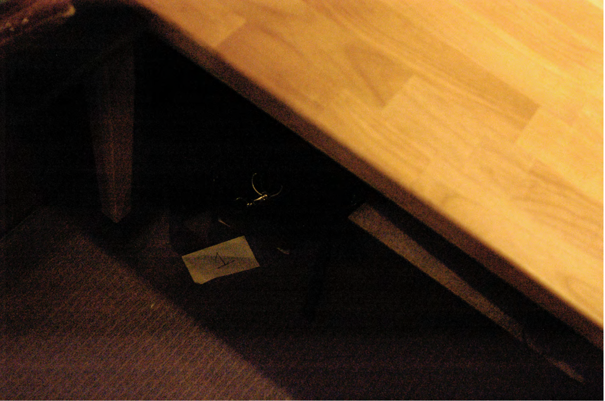 FBI search photo — Item 1 Canon EOS 20D photographed in place under the desk where it was found (IMAGE TO BE ADDED)