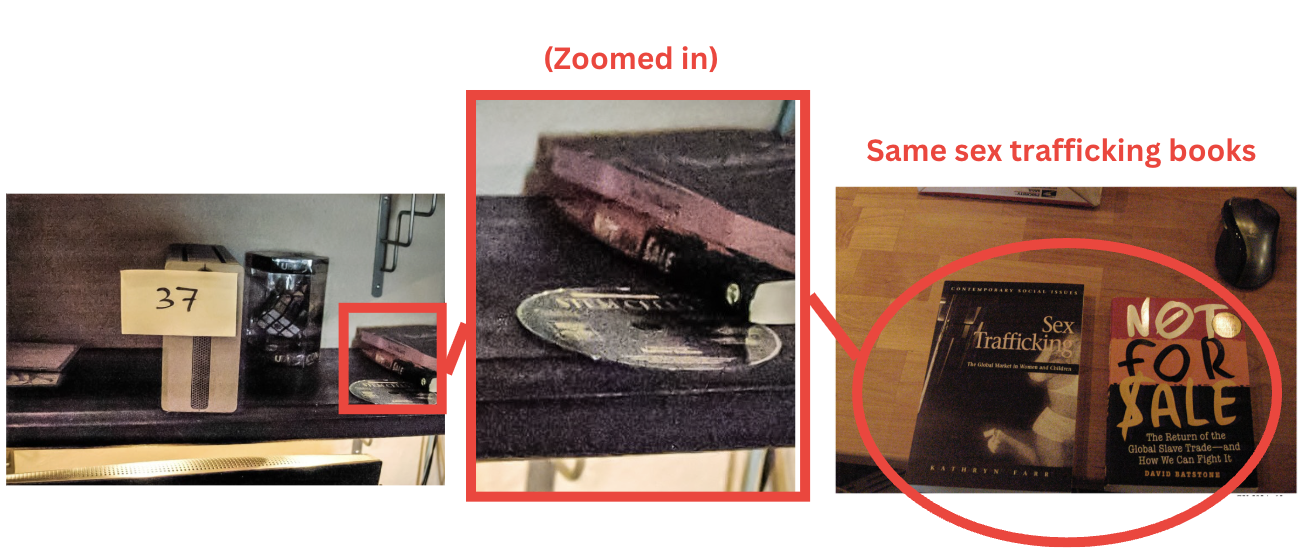 Side-by-side comparison — the two sex-trafficking books on the desk (Scene 2) and the same two books on the bookshelf in the Item 37 shot (Scene 3)