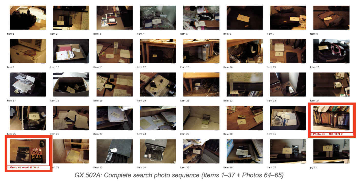 GX 502A search photo sequence — Items 1 through 37 labeled; photos 64 and 65 highlighted as the only non-evidentiary photos