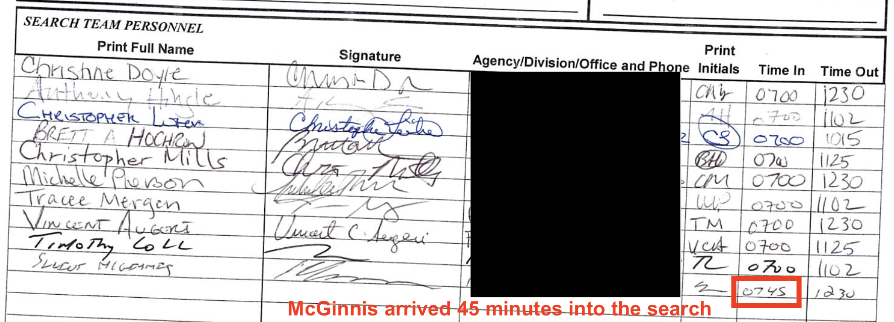 Crime scene sign-in log — McGinnis's arrival timestamp ~45 minutes into the search; everyone else already there