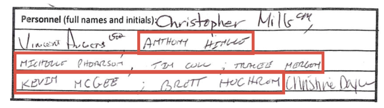 Personnel sheet — multiple entries appear written by McGinnis, in McGinnis's handwriting, rather than by the agents themselves