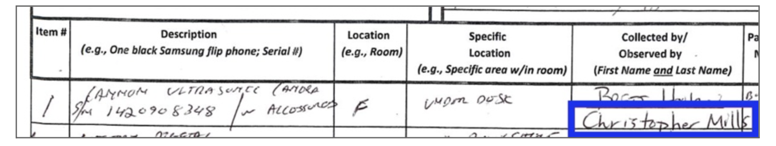 Evidence log — Christopher Mills's actual signature on the entries Mills himself wrote
