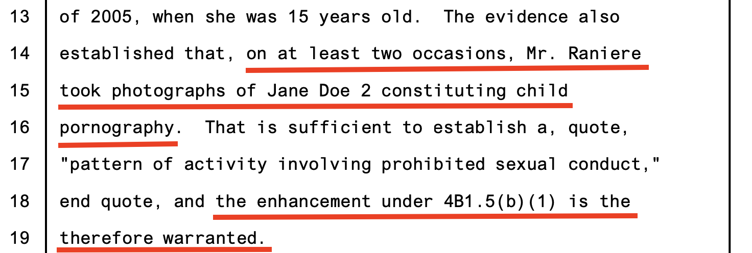 Sentencing transcript excerpt, October 27, 2020 — government secures a pattern enhancement based on the two production dates